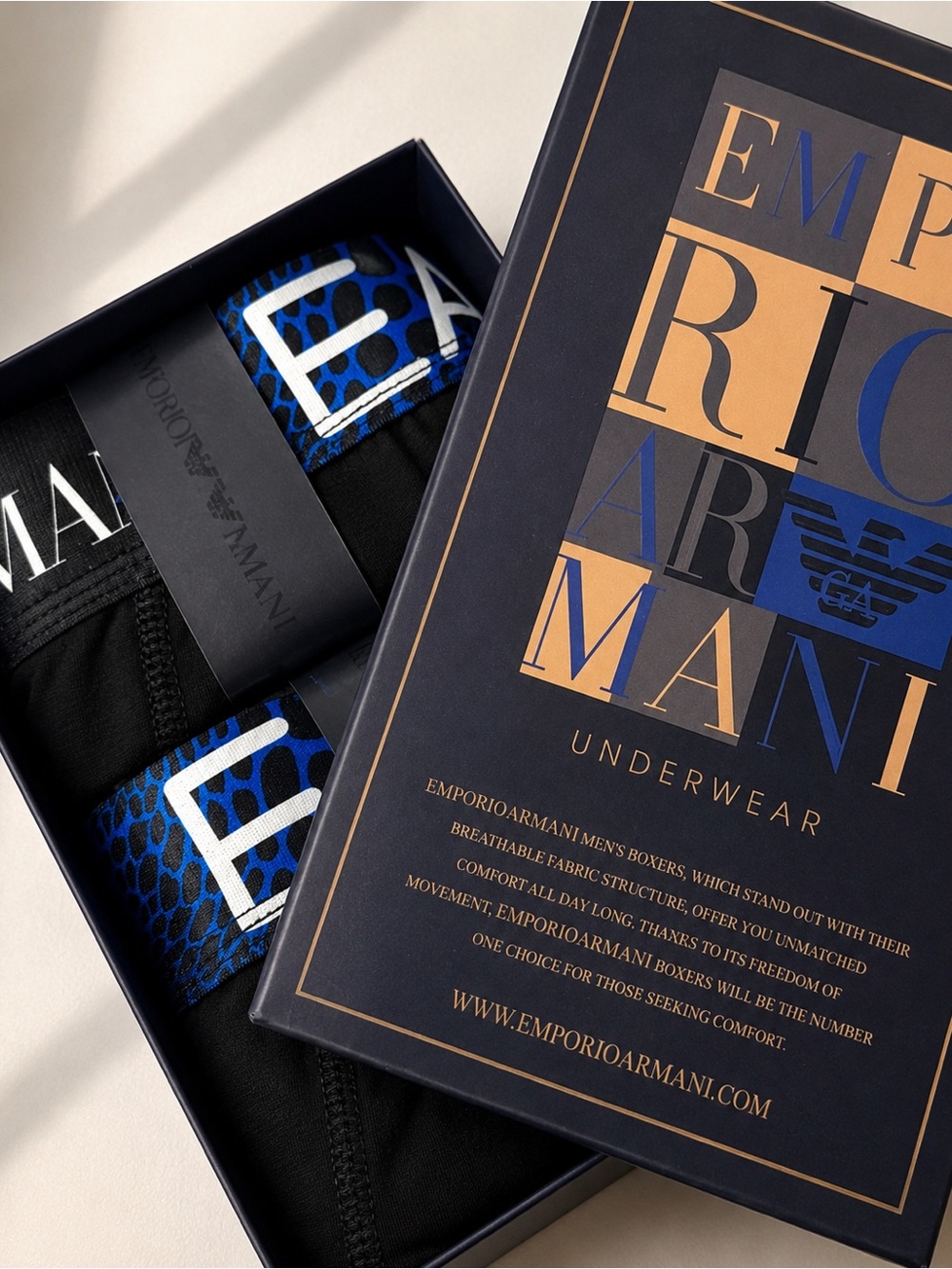 Emporio Armani Black Boxer Briefs with Blue Patterned Waistband